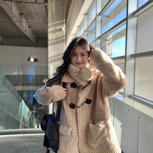 Women's Mid Length Shearling Coat Milk Apricot Color Faux Fur Winter Plush Top Slim Fit Outerwear - Product Image 3
