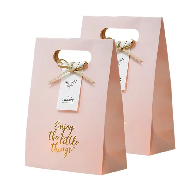 Custom Logo Pink Gold Foil Thank You Packaging Paper Bags Candy Present Wedding Paper Gift Bag With Handles