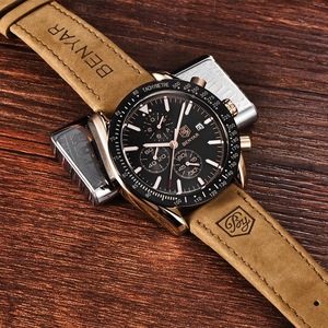 BENYAR Men's Chronograph Quartz <b>Watch</b> Green Dial Leather Strap 14mm Stainless Steel <b>Case</b> 30M Waterproof - Product Image 3