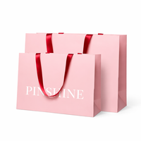 Sacs shopping en papier personnalisés avec logo, ruban satiné rose et rouge, plusieurs tailles, pour cosmétiques, beauté, cadeaux