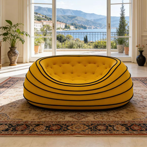Fauteuil rond de luxe moderne en velours jaune capitonné, siège circulaire unique pour salon - Product Image 4