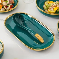 Service de vaisselle en céramique vert nordique avec bord doré, bols à soupe ronds, assiettes plates, vaisselle en porcelaine pour la maison et les restaurants