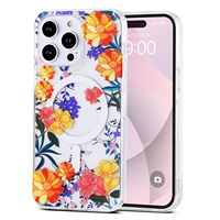 Étui de protection transparent magnétique en TPU+PC de luxe vintage avec des feuilles et des fleurs pour 15 Pro Max, compatible avec la charge sans fil
