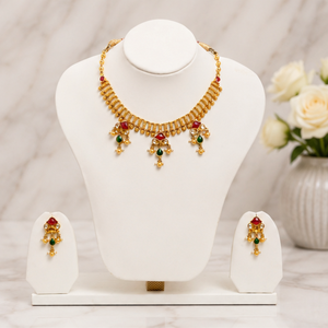 Traditional Gold Short <b>Necklace</b> Set with <b>Ruby</b> Emerald Drops Pearl Dangling Design and Elegant Matching Ethnic Earrings - Product Image 3
