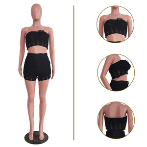 Completo Estivo in Maglia Sexy da Donna: Top <span class=keywords><strong>Corto</strong></span> a Tubino <span class=keywords><strong>e</strong></span> Pantaloncini Arricciati, Set Due Pezzi Trendy - Product Image 2