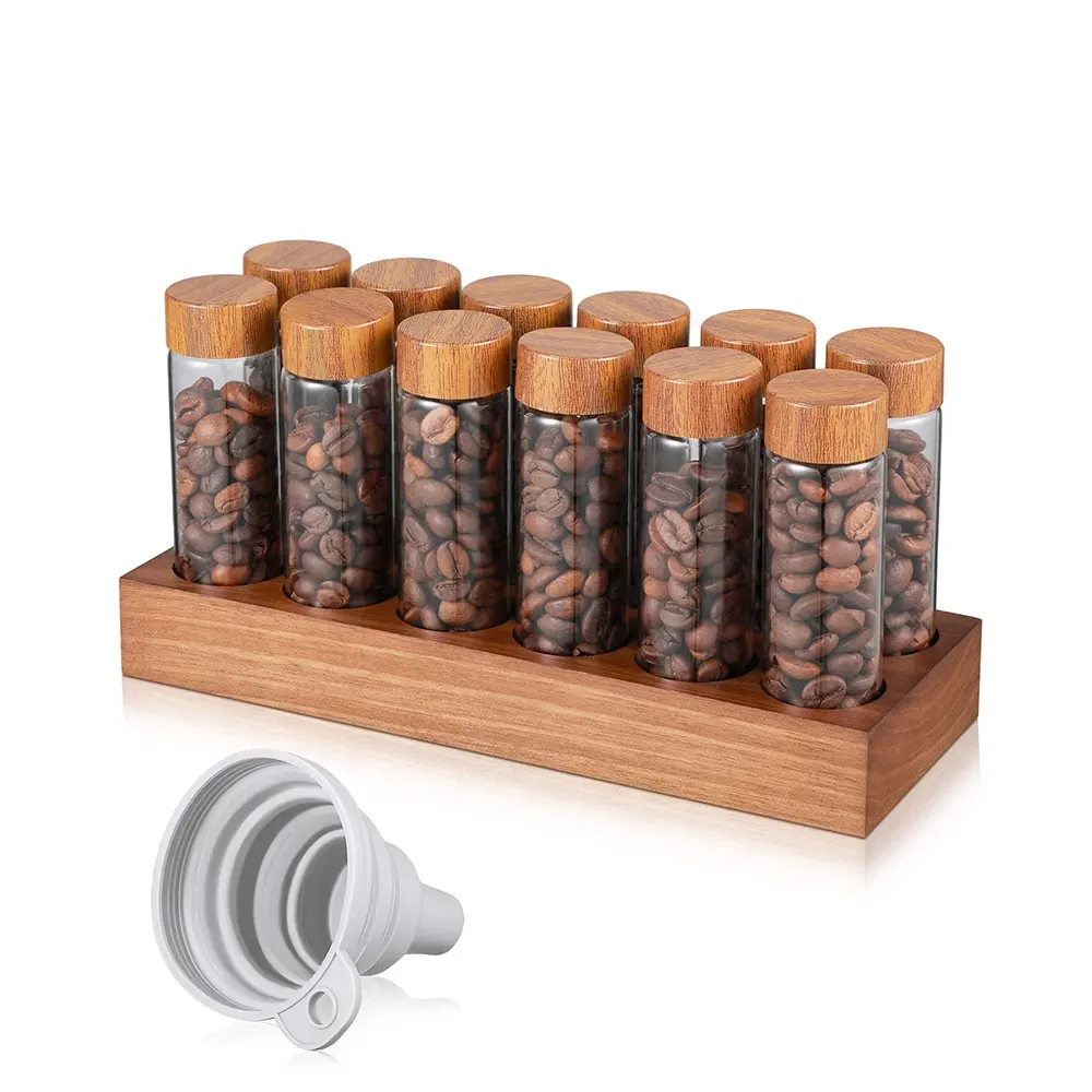 Coffee Beans Spice Storage Tubes Glass Jars Coffee Beans Cellar with Wooden Holder