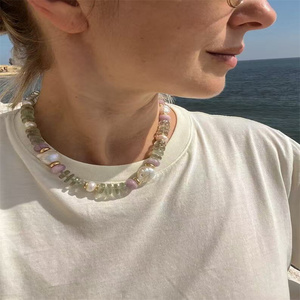 DIY kalung manik-manik baja tahan karat, perhiasan buatan tangan kalung mutiara batu alam buatan tangan geometris modis - Product Image 4