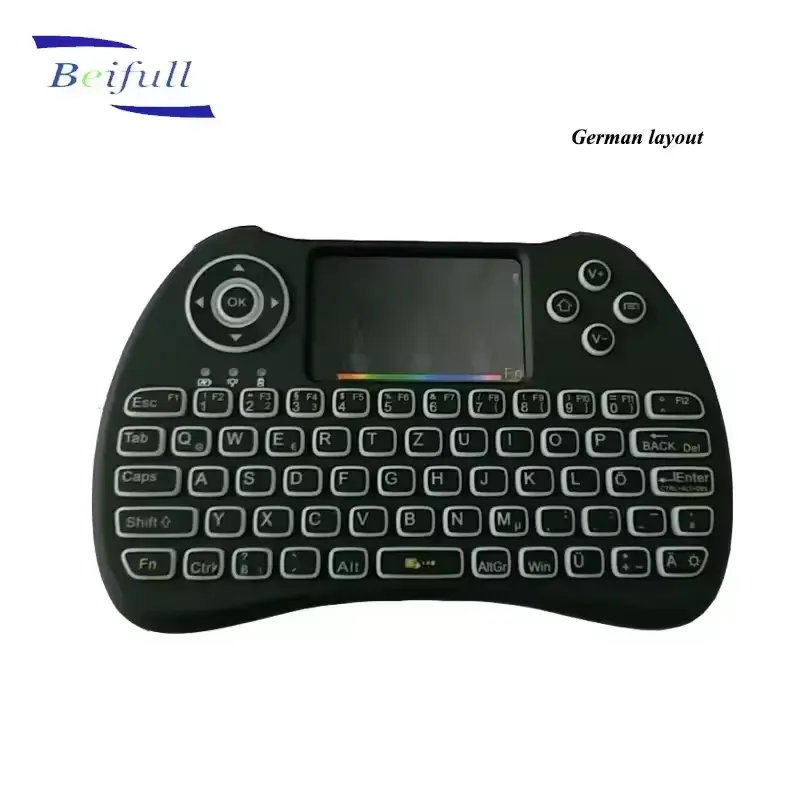 Profesional alemán francés italiano diseño recargable Li-ion batería H9 Air mouse Mini teclado inalámbrico con retroiluminación
