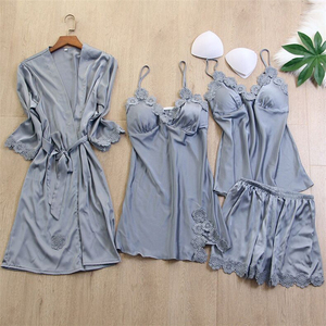 Ensembles de quatre pièces en dentelle et satin, tenues de détente, robes de mariée florales d'été, chemises de nuit en soie pour femmes - Product Image 5