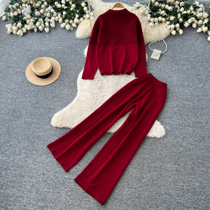 Conjuntos de 2 Piezas de Punto para <span class=keywords><strong>Mujer</strong></span>, Top de Manga Larga con Cuello y Detalle de Lazo, Pantalones Anchos de Cintura Alta, Atuendos Casuales para Otoño y Uso Diario - Product Image 4