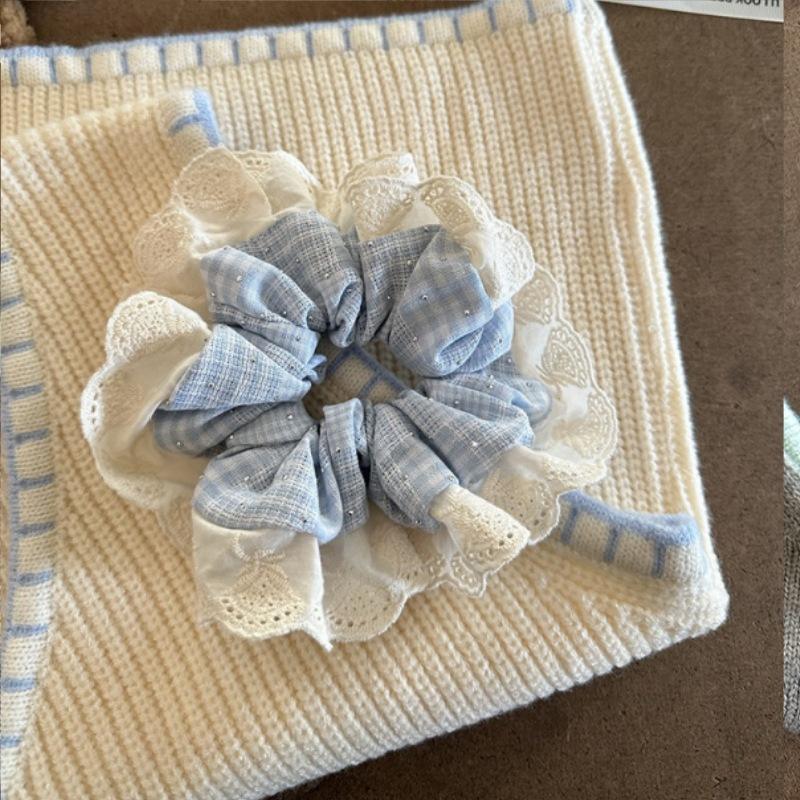 5 Blue Plaid Lace Scrunchie