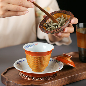 Bamboo Weaving Porcelain Tea Set With Covered Bowl Fairness Cup <b>Teacups</b> Master Cup One Pot Four Cups Gift Set - Product Image 4