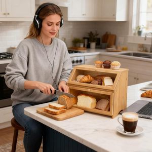 Caja de almacenamiento de pan de bambú Kinoharu de 2 niveles, organizador de alimentos de madera maciza para cocina, panadería, pan, frutas, verduras, multiusos - Product Image 1