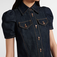Mignonnes robes en jean à manches bouffantes Vintage Fit and Flare Mini Ladies Skirts Ruched Contrast Topstitching Women Dresses