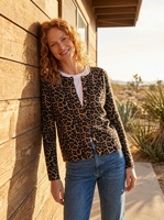Cardigan ajusté en laine 100 % biologique à imprimé léopard, col rond, tricoté, pour femme, avec boutons dorés, pull côtelé tendance