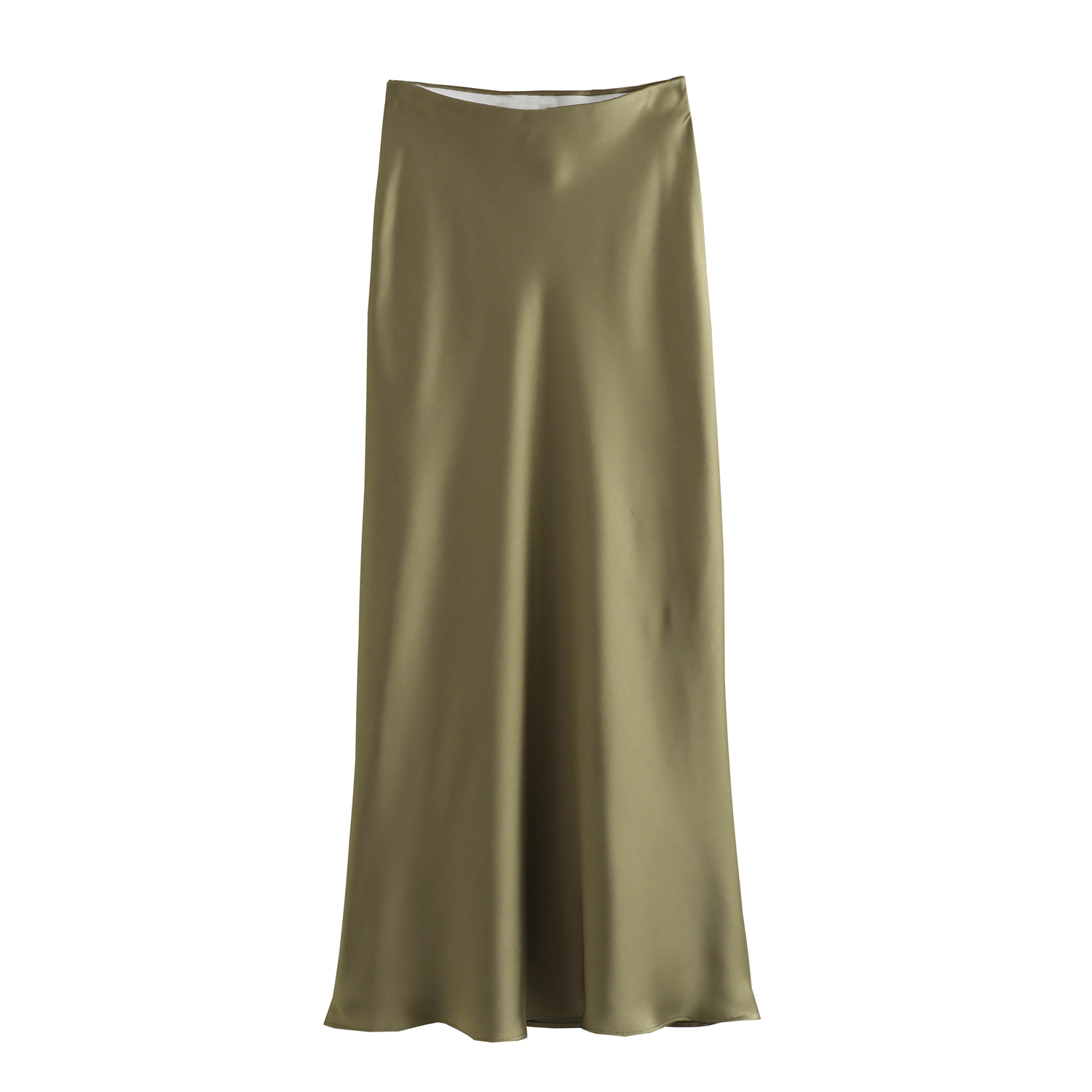 HANO Zipper Fly Green Color Silky Casual Fashion Long Satin Skirt