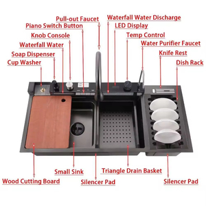 Évier de cuisine multifonctionnel en acier inoxydable SUS304 avec surface alvéolée, cascade et lave-tasses intégré - Product Image 2
