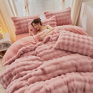 Parure <span class=keywords><strong>de</strong></span> lit hiver 2026 rayée en polaire bulle, <span class=keywords><strong>housse</strong></span> <span class=keywords><strong>de</strong></span> <span class=keywords><strong>couette</strong></span> + drap plat + taie d'oreiller, 600TC, épaisse, chaude, tendance, fausse fourrure <span class=keywords><strong>de</strong></span> lapin - Product Image 4