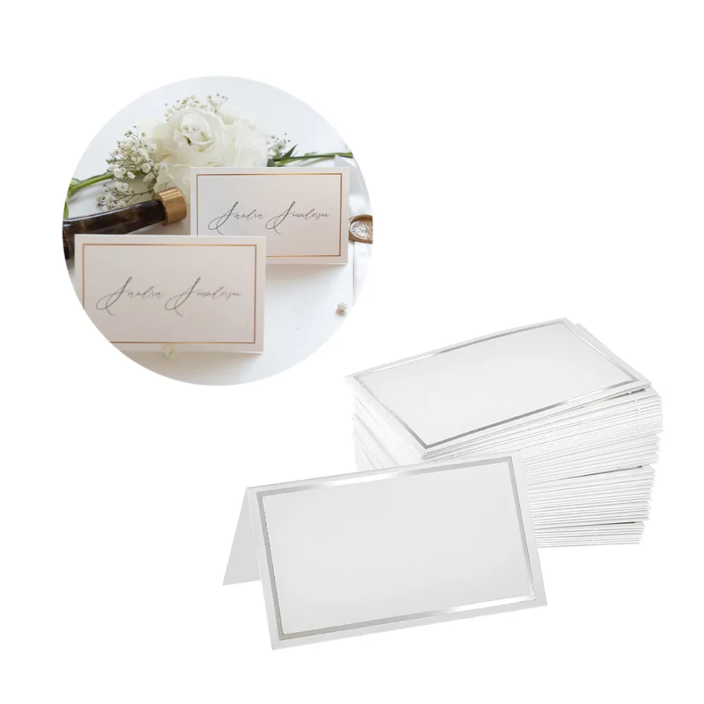Factory wholesale blank white small paper table place card simply classic wedding table name card with sliver gold foil border