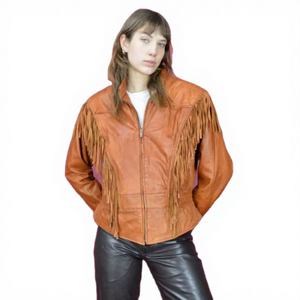 Womens Real Brown Leather <b>Jacket</b> Fringe Tassels Stand Collar Sheepskin Cognac <b>Western</b> Cowgirl Coat Custom Vintage Winter Outer - Product Image 1