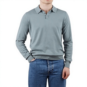เสื้อถักแขนยาวผู้ชายสำหรับใส่เป็นเสื้อเชิ้ต ผ้าฝ้าย 100% ระบายอากาศได้ดี สีพื้น สไตล์ลำลอง สไตล์จีน สีน้ำเงินเทา - Product Image 1