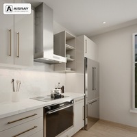 Meuble de cuisine sur mesure haute brillance, aménagement îlot de luxe, fourniture pour projets d'appartements, rangement tiroirs et boîtes en panneaux mélaminés