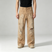 Pantalon en toile coupe droite ODM pour marque privée, style streetwear vintage, effet éclaboussures de peinture, délavé, couleur sable