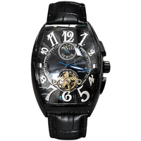 Montre mécanique automatique multifonctionnelle pour homme, style affaires simple et tendance, avec cadran ajouré, type barillet, bracelet en cuir, en alliage, vente en gros