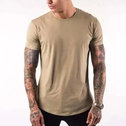 Curved hem crew neck high quality mens muscle slim fit t shirt sleeve custom logo blank t-shirts for men 100% cotto