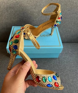 S4825F Chaussures à talon aiguille 7 cm pour femme, à bout ouvert, à boucle, grande taille, bout rond, avec strass dorés, pour mariage - Product Image 2