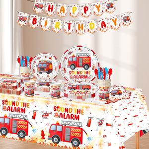 Vaisselle de fête d'anniversaire thème <span class=keywords><strong>camion</strong></span> de <span class=keywords><strong>pompier</strong></span> aquarelle moderne vente chaude cadeau de fin d'année décoration fournitures drapeau assiette en papier - Product Image 3
