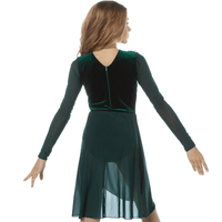 Robe de danse lyrique personnalisée à manches longues panneau en velours décoration florale train en maille élégante tenue de performance vert foncé