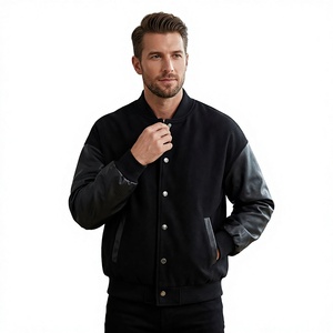Blouson universitaire noir d'hiver en laine véritable avec manches, options de couleurs d'équipe, patchwork Lettermen, col montant, unisexe - Product Image 1