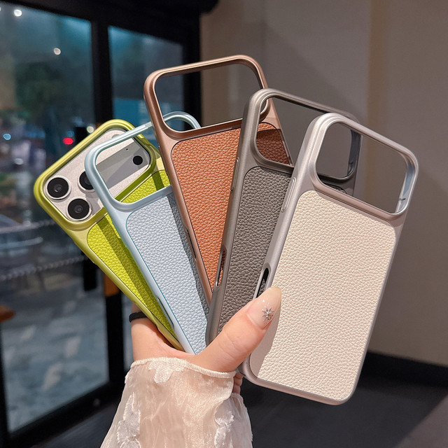 Soft Touch PC Metallic Paint Large Lychee Texture Anti Fingerprint Shockproof Mobile Phone Case for iPhone 17 16 15 Pro Max 14