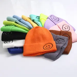 冬季婴儿针织羊毛帽糖果色儿童笑脸保暖帽0-3婴儿针织帽