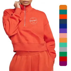Grosir Oem pulover polos Gym Logo kustom Sweatshirt ritsleting kelas berat atasan Crop oranye hoodie Crop wanita