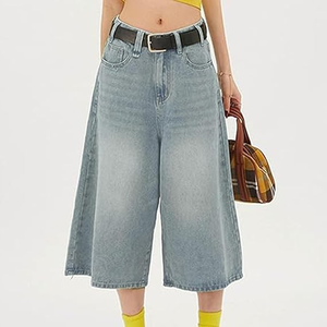 Custom Vintage <b>Y2K</b> Women High Waist 3/4 Baggy Wide Leg Denim <b>Pants</b> Summer Loose Elastic Drawstring Waist Streetwear Denim Shorts - Product Image 3