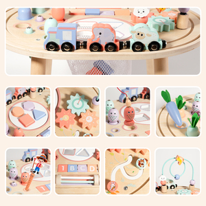 Table d'activités en bois en gros avec pêche magnétique, circuit de train, labyrinthe de perles, trieur de formes – Ensemble de jeu éducatif pour tout-petits certifié CE CPC - Product Image 6