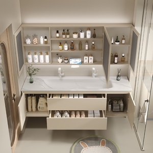 Fregadero de Placa de <span class=keywords><strong>Roca</strong></span> Multicapa de Madera Maciza Termoformada Estilo Crema Personalizado |   Mueble de Baño con <span class=keywords><strong>Espejo</strong></span> Inteligente y Doble Grifo - Product Image 3