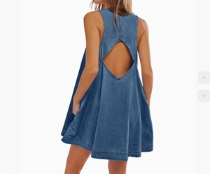 Mini Vestido vaquero azul elegante de verano para mujer, lavable, corto, sin mangas, sin espalda, de cintura alta, informal, Sexy, estilo <span class=keywords><strong>Vintage</strong></span> - Product Image 4
