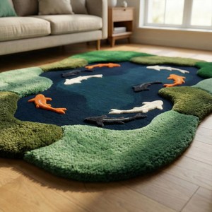 Hand Tufted Abstract Koi Fish Wool Carpet in Moss Green with Irregular Pond <b>Artwork</b> for Living Room Bedroom <b>Nursery</b> Kids Room - Product Image 6