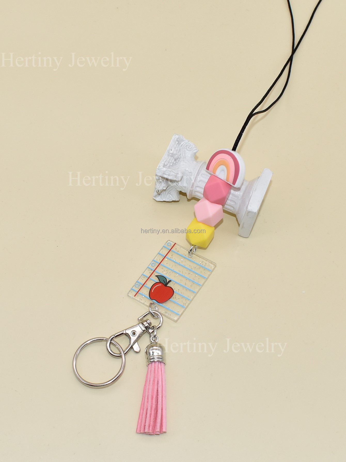 Custom Colorful Tassel Acrylic Disc Silicone Beads Breakaway Lanyard Teacher Lanyard Keychain