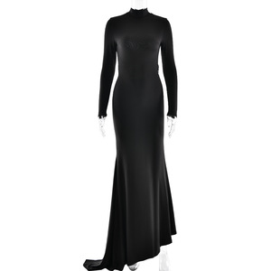 Vestido de Noche sin Espalda, Manga Larga, Largo hasta el Suelo, con Cinturón Metálico, Elegante, Color Sólido, Ropa Formal para Mujer - Product Image 5