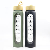 Bouteille d'eau en verre borosilicate 32oz 1000ml avec marqueur de temps, manchon en silicone antidérapant, couvercle en bambou, compatible lave-vaisselle, sport et gym