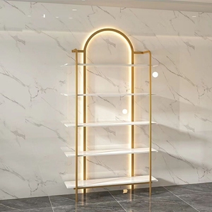Professional Modern Wood Salon <b>Shoe</b> Rack Storage Display <b>Stand</b> with Light Shiny Gold Finish for Beauty Shop Nail Polish Shelf - Product Image 5
