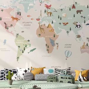 Carte du monde <span class=keywords><strong>3D</strong></span> personnalisée écologique avec animaux de dessin animé et avions, papier peint mural minimaliste pour enfants, pour salles à manger et salons - Product Image 4