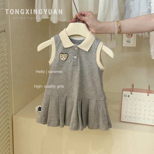 Child Star Circle Girls Sleeveless Polo Dress Gray Bear Patch Summer Breathable School Style Dress For Kids - Product Image 1