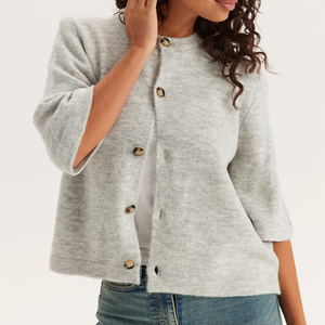 Wisrise Clothing Mujer Personalizar Minimalista Elegante Gris Claro Cuello Redondo Recortado Kint <span class=keywords><strong>Cardigan</strong></span> - Product Image 3