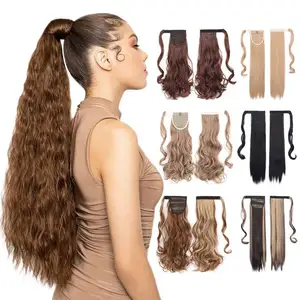 Julianna Clip On Long Pony Tail Wavy Heat Resistant Fiber Hair Extension Bone Straight Wrap Around Hairpiece Synthetic Ponytail