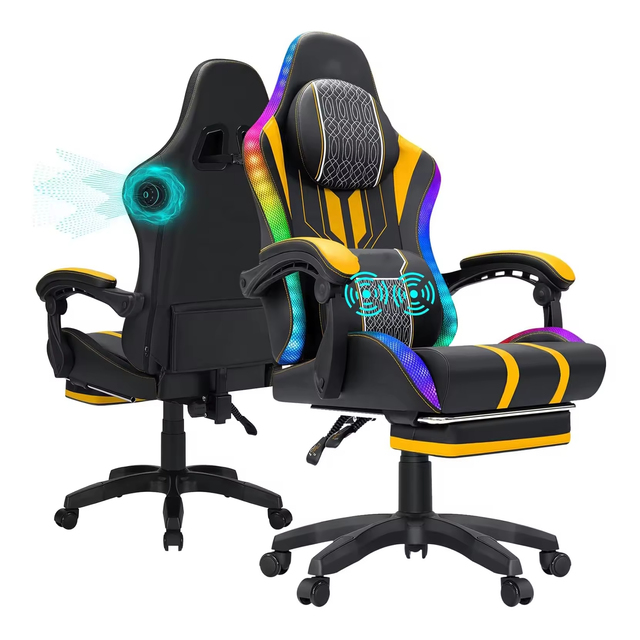 Ergonomic PU Leather Racing Gaming Chair with RGB LED Lights, Bluetooth Speakers for PC Gaming Home Office Use